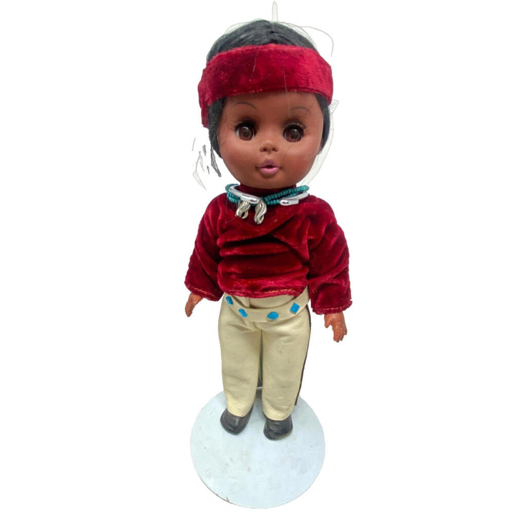 1970s Vintage Carlson Dolls Native American Navajo 11” Sleep Eye Doll w stand